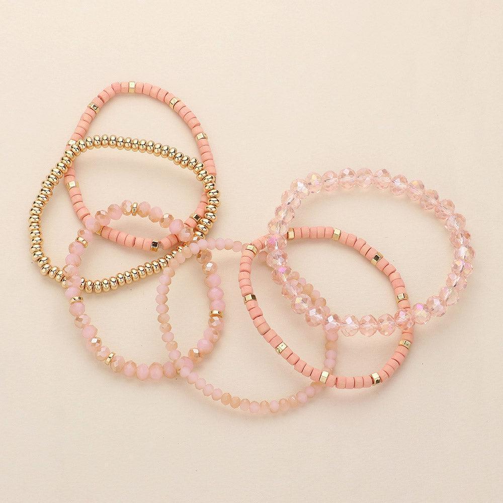 Pink 6PCS - Faceted Beaded Wood Stretch Multi Layered Bracelets - Jewelry Store by Erik Rayo