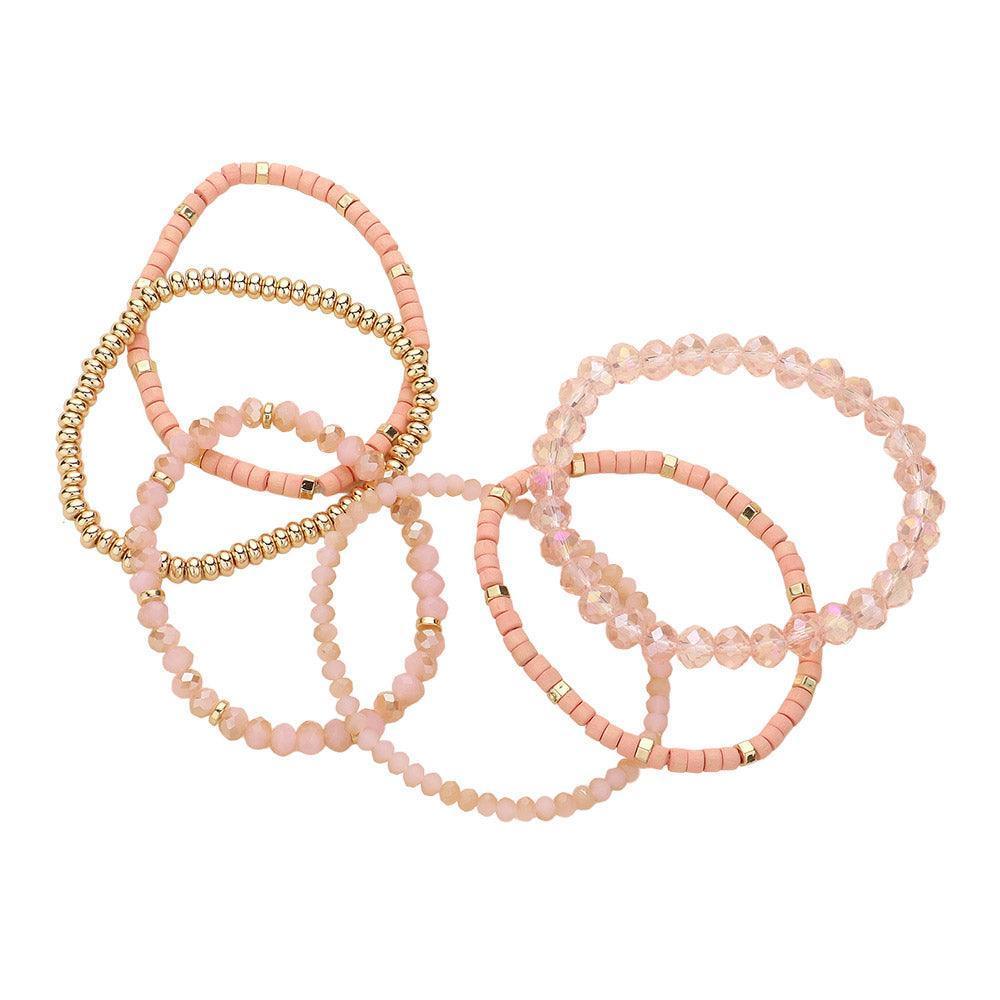 Pink 6PCS - Faceted Beaded Wood Stretch Multi Layered Bracelets - Jewelry Store by Erik Rayo