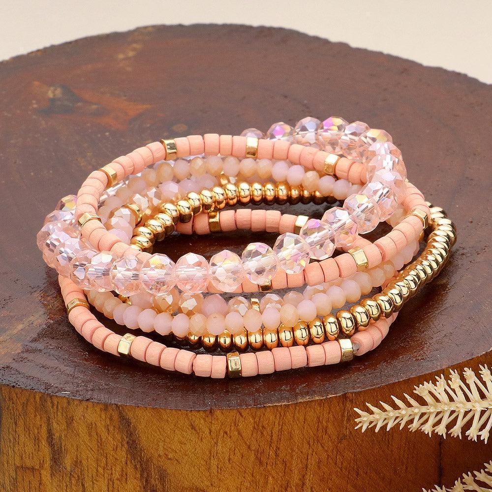 Pink 6PCS - Faceted Beaded Wood Stretch Multi Layered Bracelets - Jewelry Store by Erik Rayo