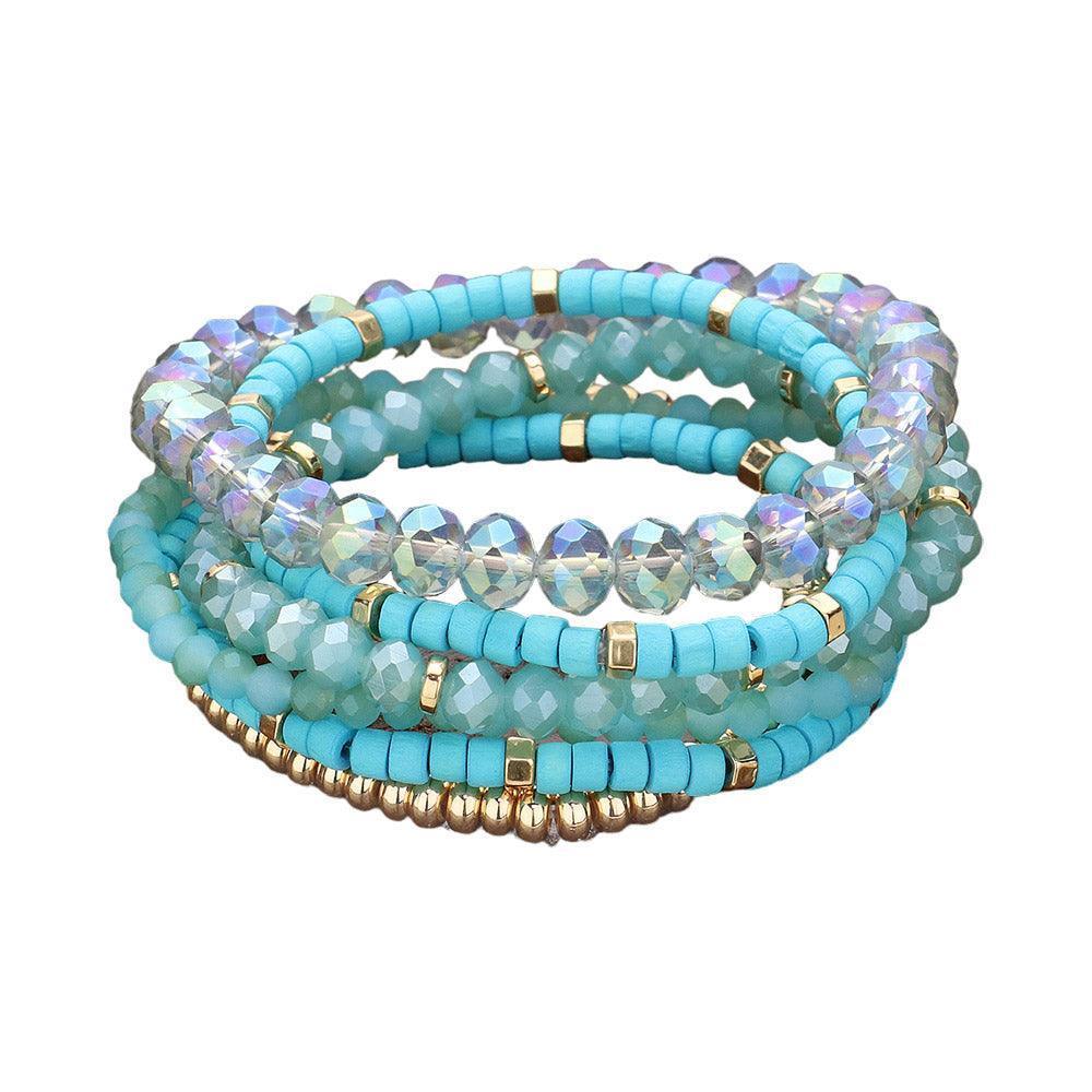 Turquoise 6PCS - Faceted Beaded Wood Stretch Multi Layered Bracelets - Jewelry Store by Erik Rayo
