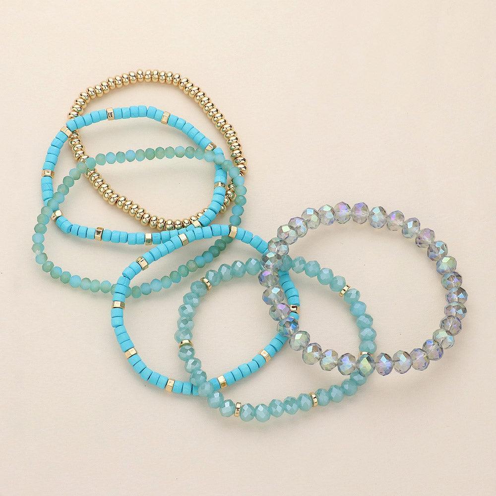 Turquoise 6PCS - Faceted Beaded Wood Stretch Multi Layered Bracelets - Jewelry Store by Erik Rayo