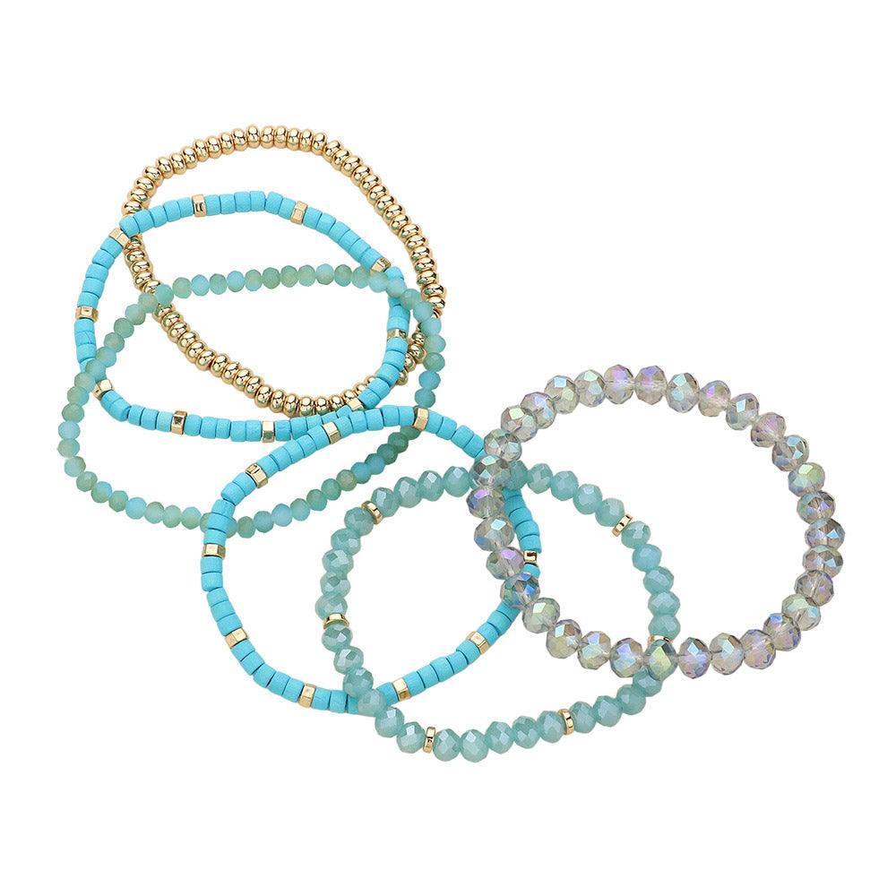 Turquoise 6PCS - Faceted Beaded Wood Stretch Multi Layered Bracelets - Jewelry Store by Erik Rayo
