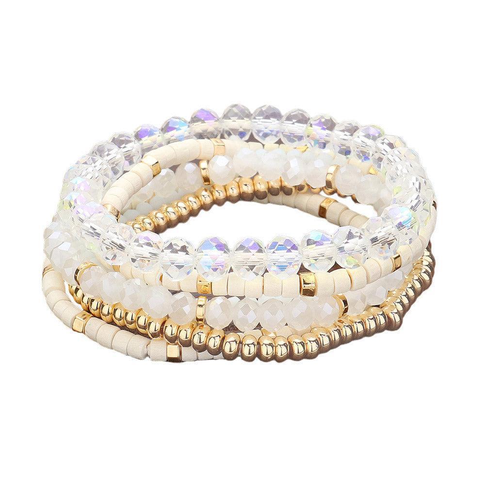White 6PCS - Faceted Beaded Wood Stretch Multi Layered Bracelets - Jewelry Store by Erik Rayo