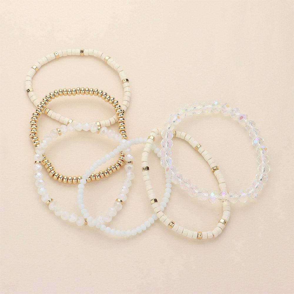 White 6PCS - Faceted Beaded Wood Stretch Multi Layered Bracelets - Jewelry Store by Erik Rayo