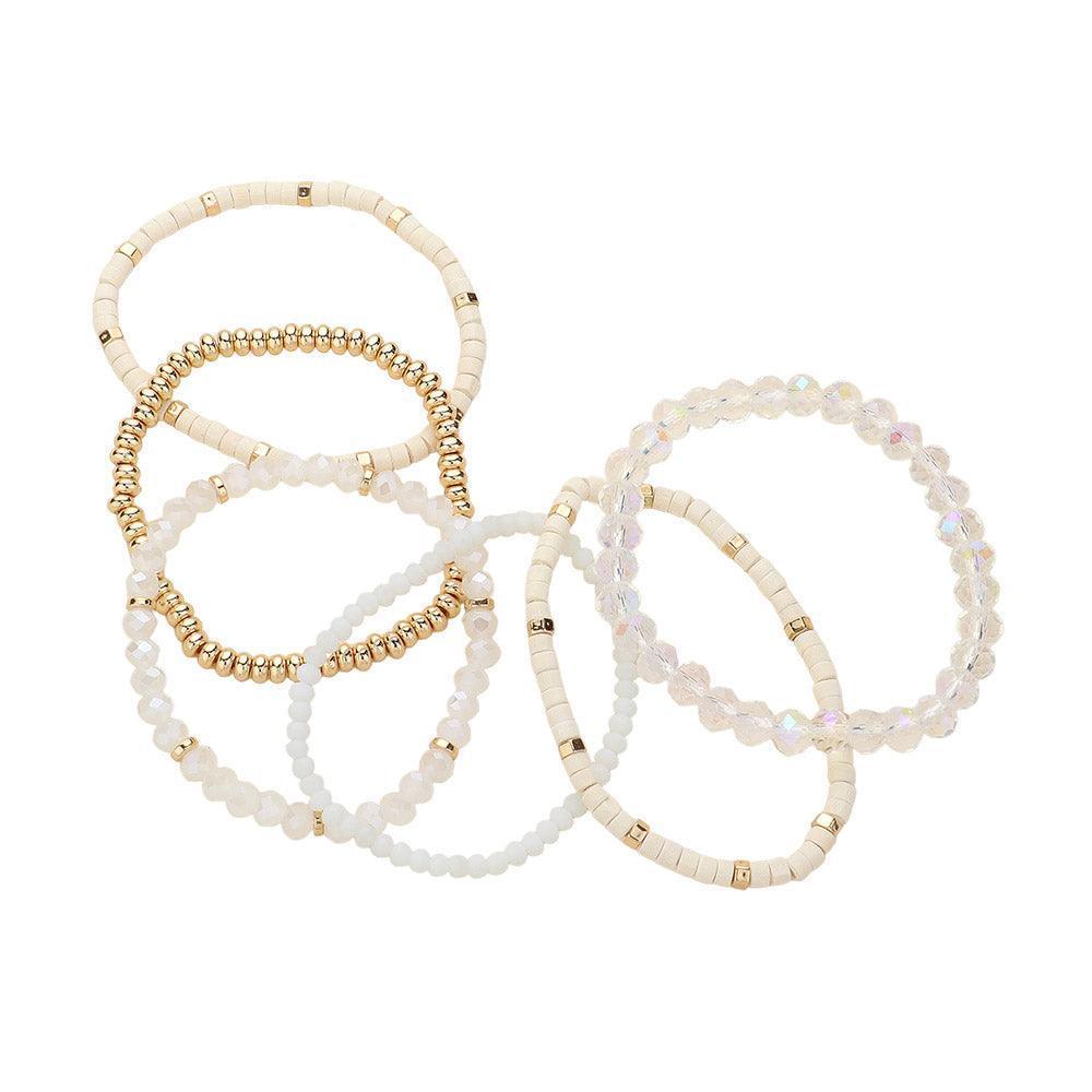 White 6PCS - Faceted Beaded Wood Stretch Multi Layered Bracelets - Jewelry Store by Erik Rayo