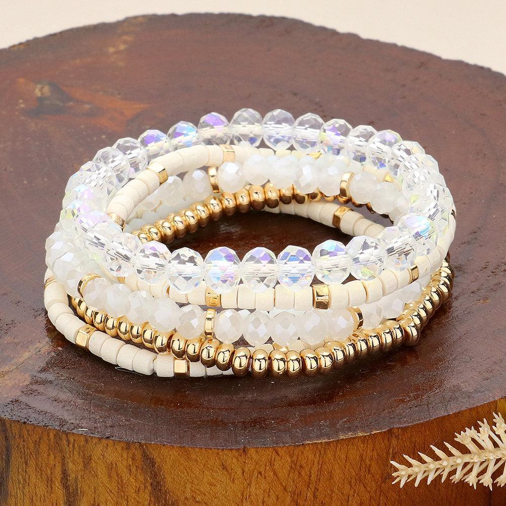 White 6PCS - Faceted Beaded Wood Stretch Multi Layered Bracelets - Jewelry Store by Erik Rayo