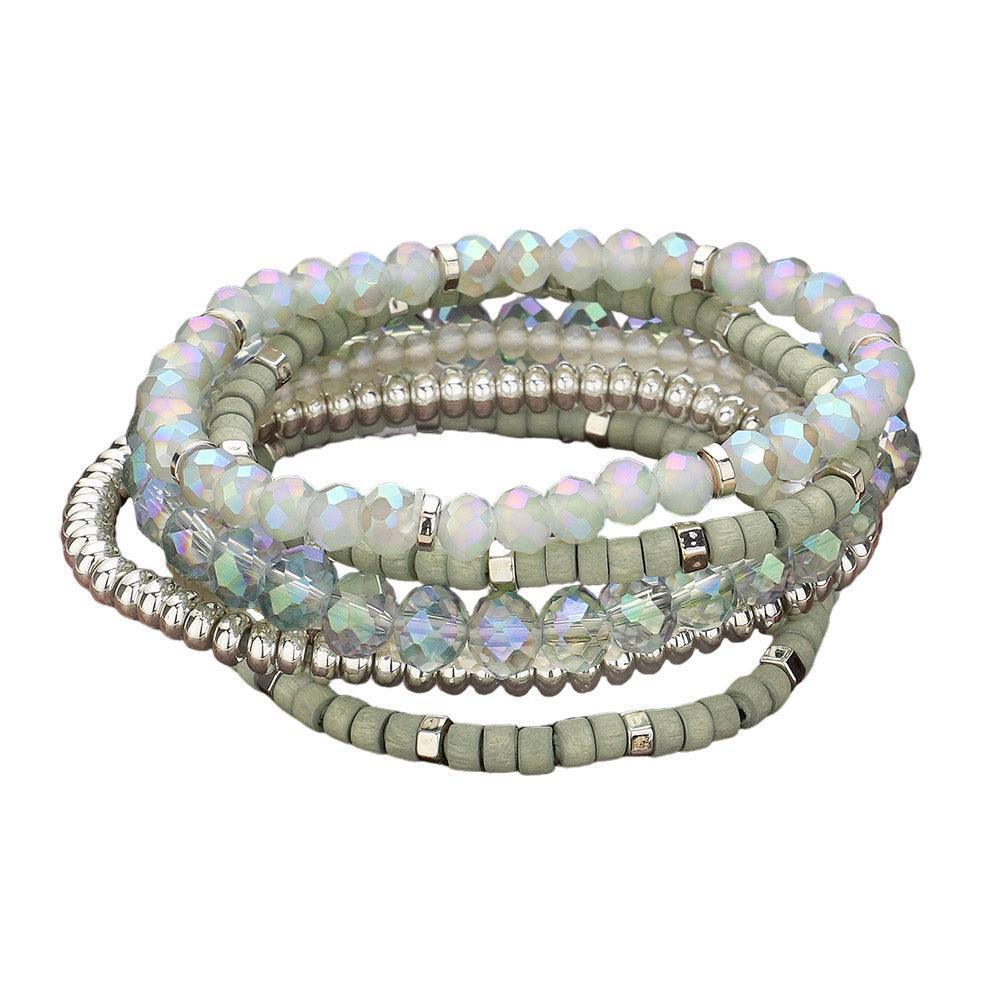 Silver 6PCS Faceted Beaded Wood Stretch Multi Layered Bracelets - Jewelry Store by Erik Rayo