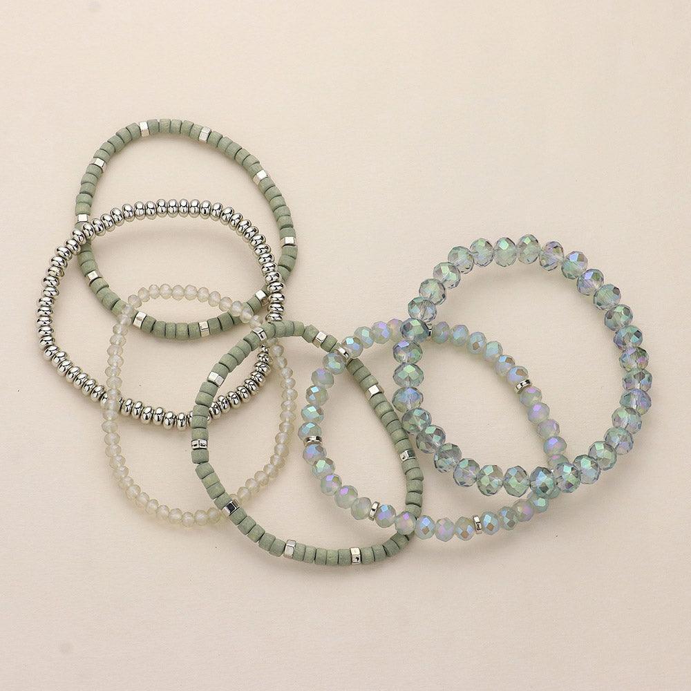 Silver 6PCS Faceted Beaded Wood Stretch Multi Layered Bracelets - Jewelry Store by Erik Rayo