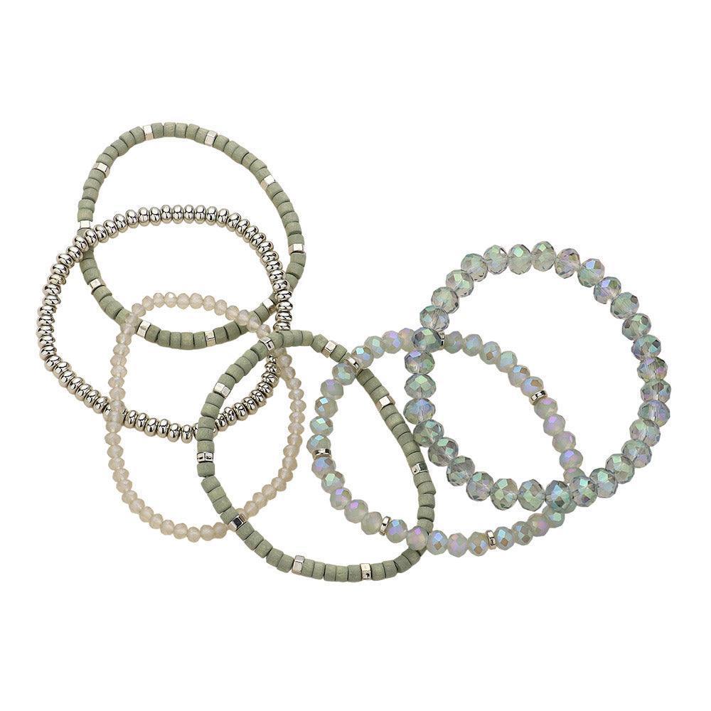 Silver 6PCS Faceted Beaded Wood Stretch Multi Layered Bracelets - Jewelry Store by Erik Rayo