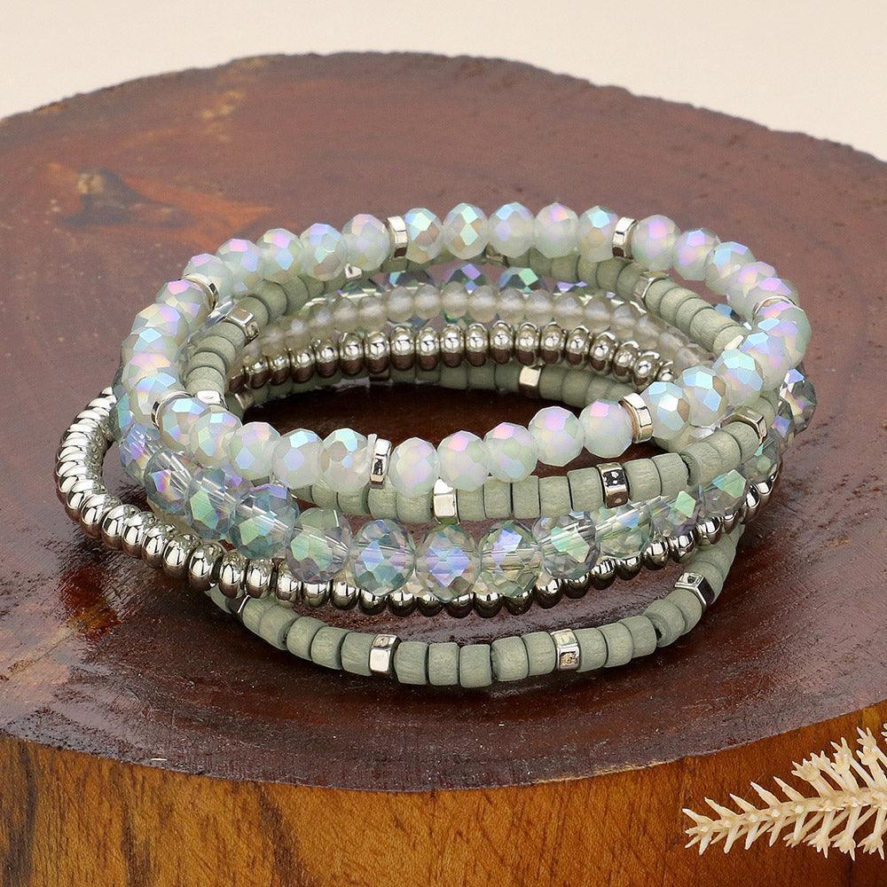 Silver 6PCS Faceted Beaded Wood Stretch Multi Layered Bracelets - Jewelry Store by Erik Rayo