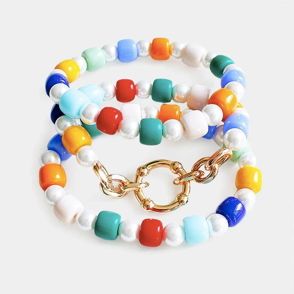 3PCS Open Metal Circle Accented Pearl Resin Beaded Stretch Bracelets - Jewelry Store by Erik Rayo