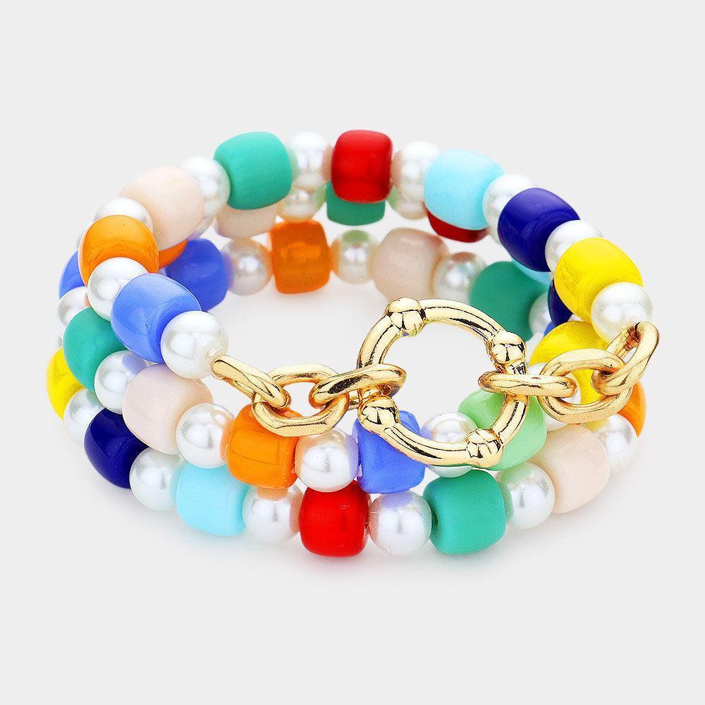 3PCS Open Metal Circle Accented Pearl Resin Beaded Stretch Bracelets - Jewelry Store by Erik Rayo