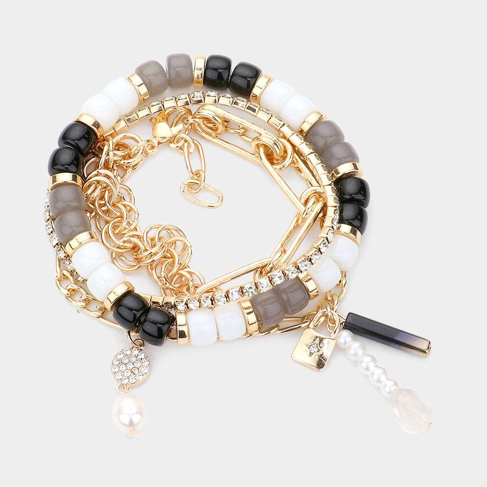 Black 3PCS  Pearl Lock Charm Metal Chain Link Beaded Bracelets