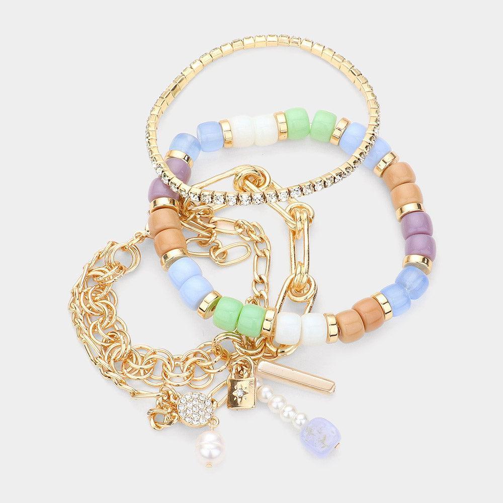 3PCS - Pearl Lock Charm Metal Chain Link Beaded Bracelets - Jewelry Store by Erik Rayo