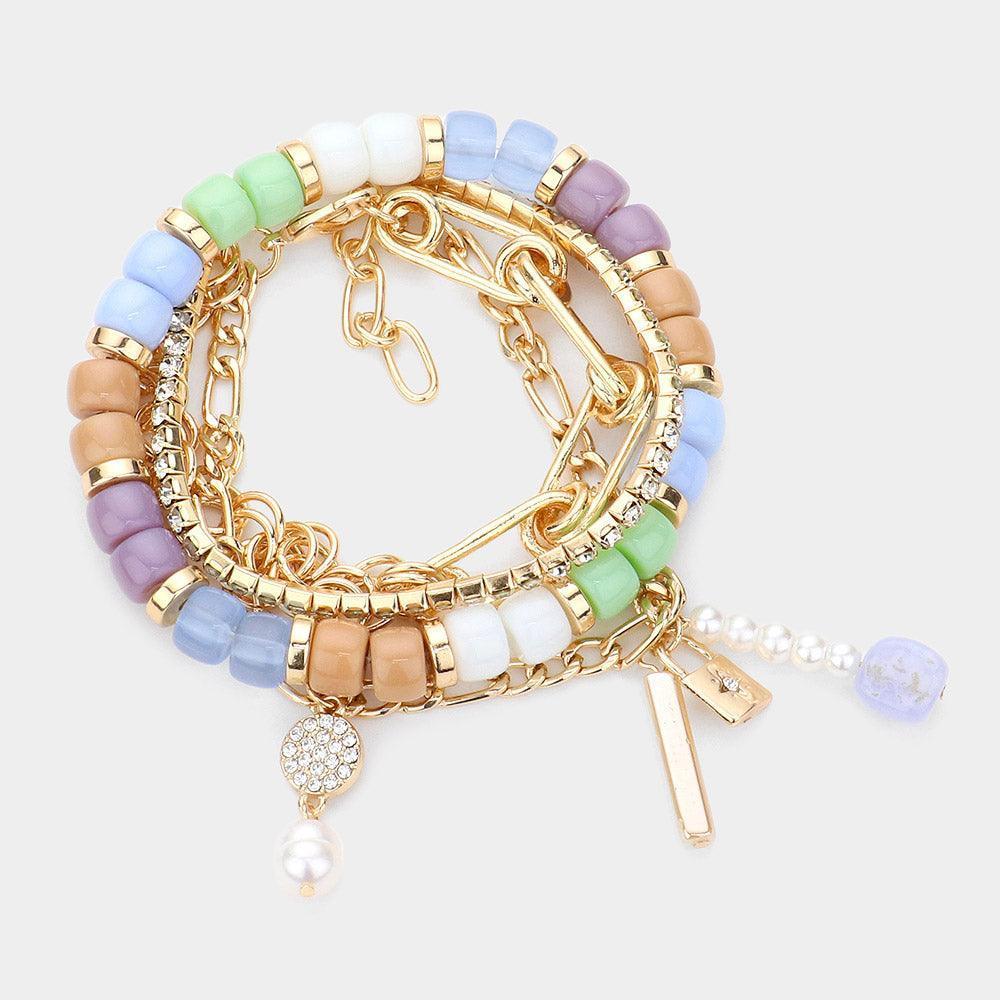 3PCS - Pearl Lock Charm Metal Chain Link Beaded Bracelets - Jewelry Store by Erik Rayo