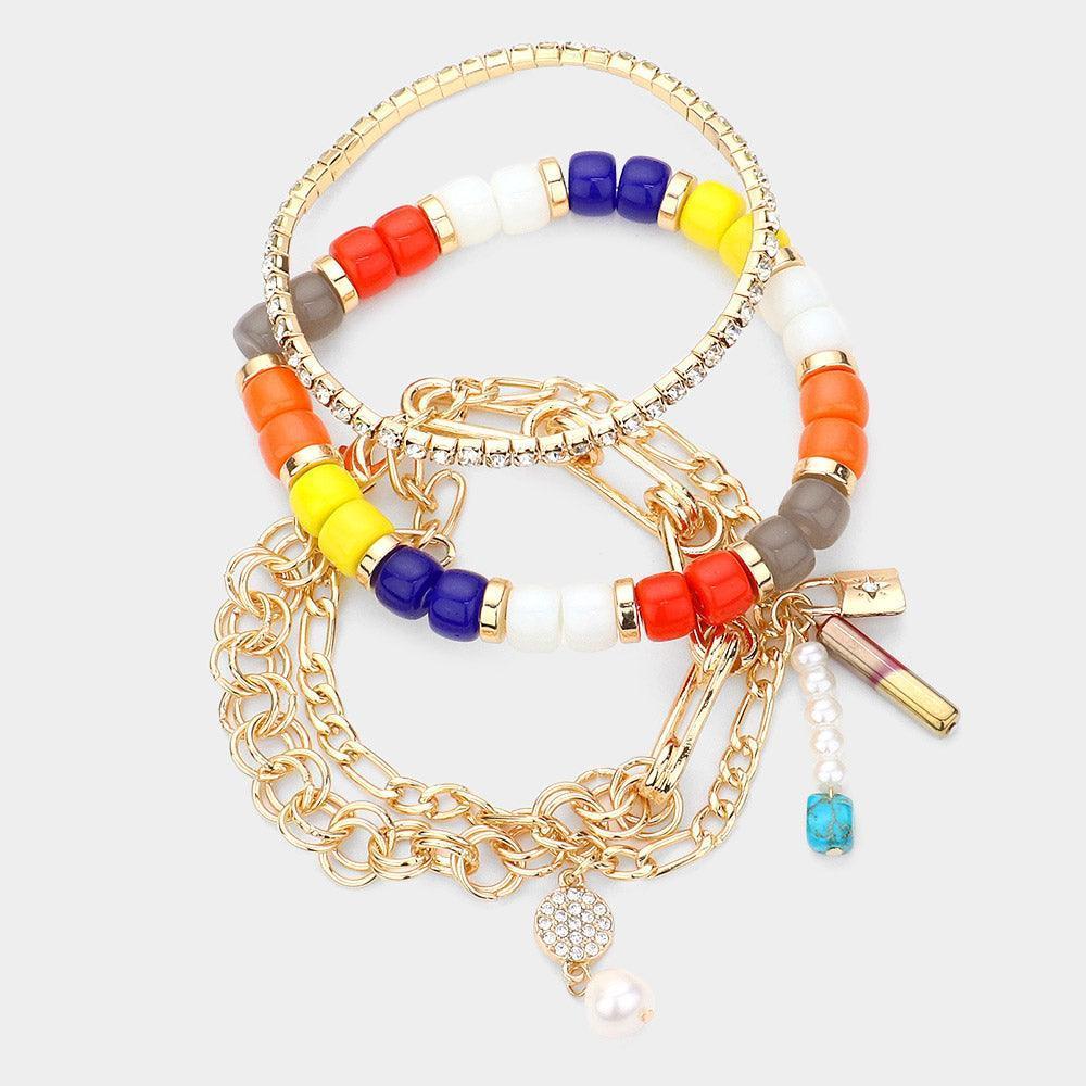 3PCS - Pearl Lock Charm Metal Chain Link Beaded Bracelets - Jewelry Store by Erik Rayo