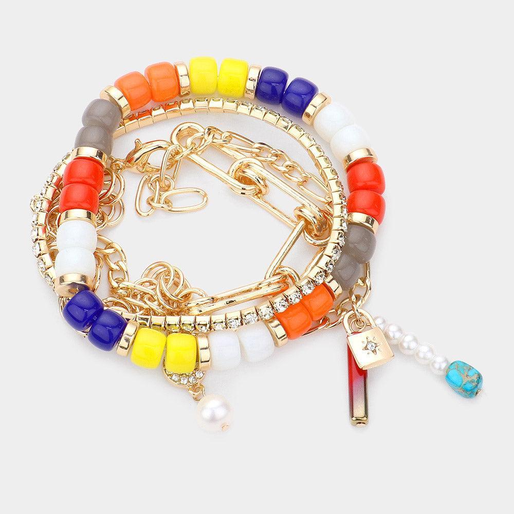 3PCS - Pearl Lock Charm Metal Chain Link Beaded Bracelets - Jewelry Store by Erik Rayo
