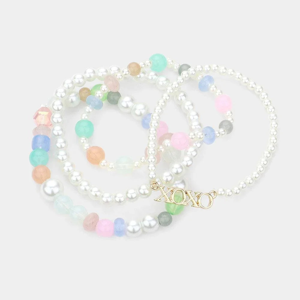 4PCS - XOXO Message Accented Pearl Beaded Stretch Bracelets - Jewelry Store by Erik Rayo