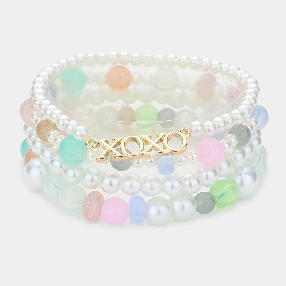 4PCS - XOXO Message Accented Pearl Beaded Stretch Bracelets - Jewelry Store by Erik Rayo