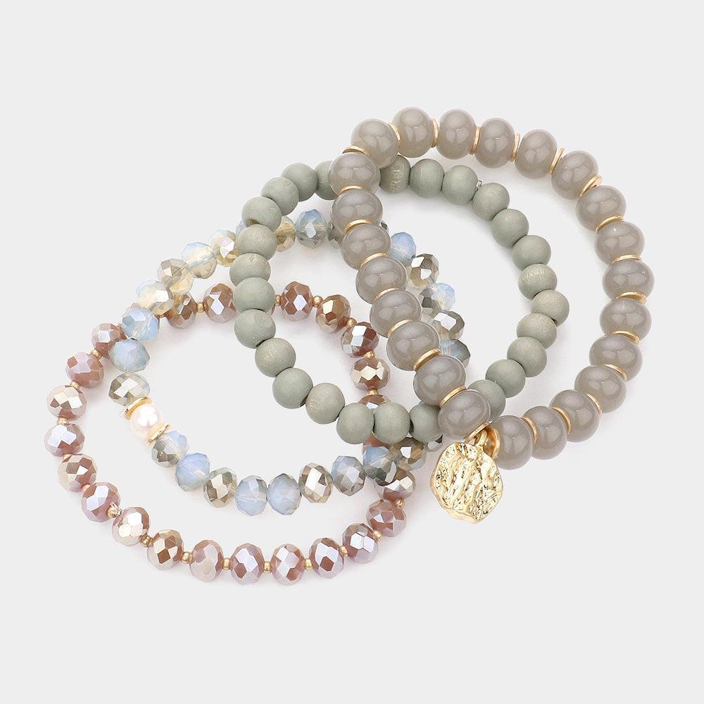 Gray 4PCS - Irregular Metal Round Charm Natural Stone Wood Beaded Stretch Bracelets - Jewelry Store by Erik Rayo