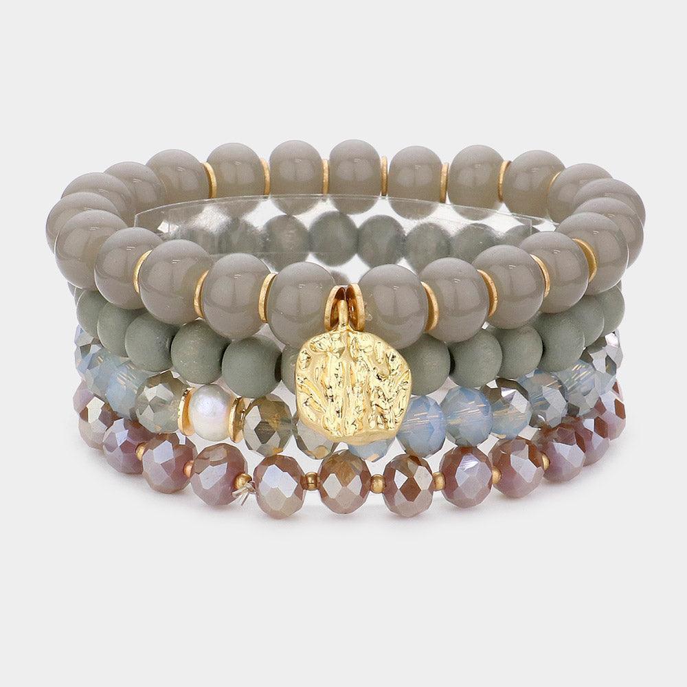 Gray 4PCS - Irregular Metal Round Charm Natural Stone Wood Beaded Stretch Bracelets - Jewelry Store by Erik Rayo