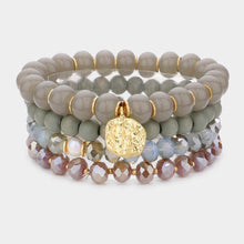 Load image into Gallery viewer, Gray 4PCS - Irregular Metal Round Charm Natural Stone Wood Beaded Stretch Bracelets
