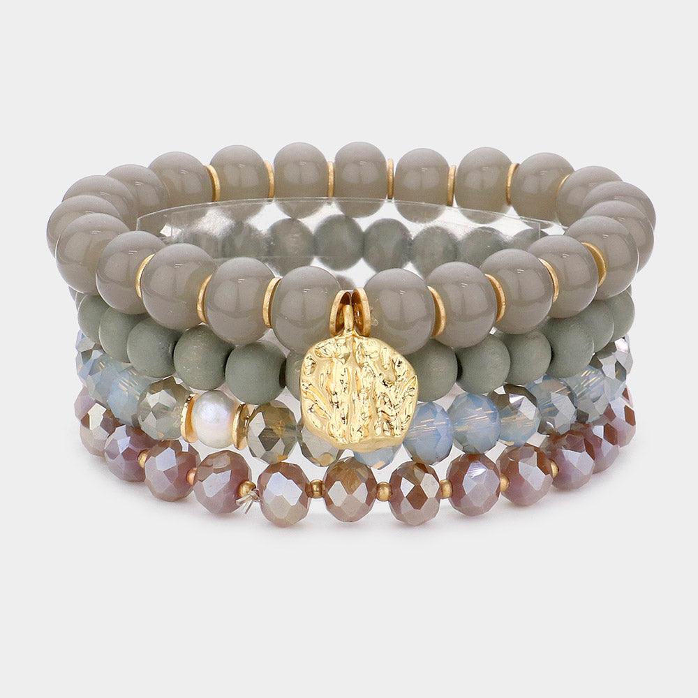 Gray 4PCS - Irregular Metal Round Charm Natural Stone Wood Beaded Stretch Bracelets