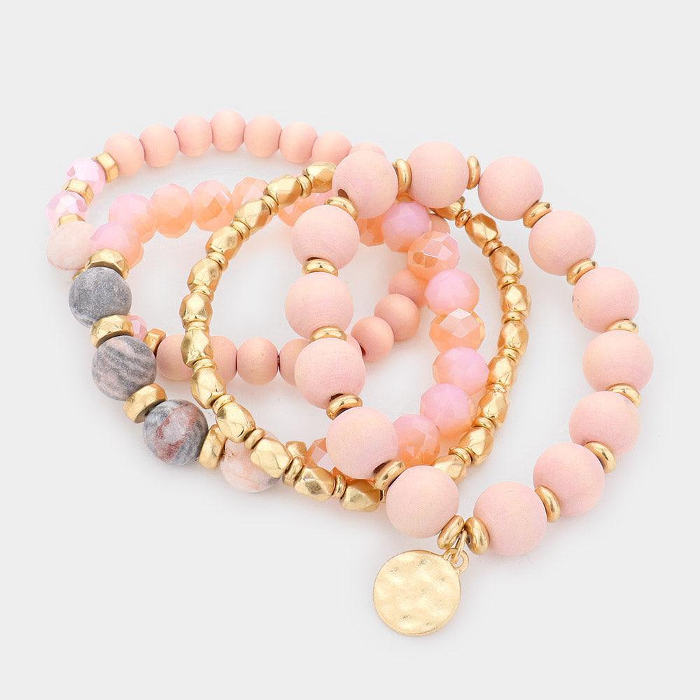 Pink 4PCS - Metal Disc Charm Semi Precious Wood Faceted Beaded Stretch Bracelets - Jewelry Store by Erik Rayo
