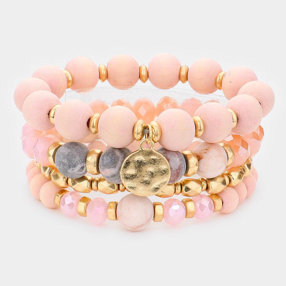 Pink 4PCS - Metal Disc Charm Semi Precious Wood Faceted Beaded Stretch Bracelets - Jewelry Store by Erik Rayo