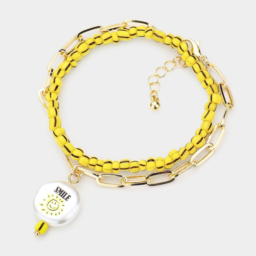 Yellow 2PCS Smile Sun Printed Freshwater Pearl Charm Bracelets - Jewelry Store by Erik Rayo