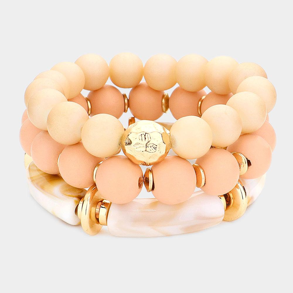 Peach 3PCS - Natural Stone Beaded Multi Layered Bracelet