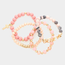 Load image into Gallery viewer, Pink 4PCS - Believe Message Cross Charm Semi Precious Wood Ball Faceted Beaded Stretch Bracelets
