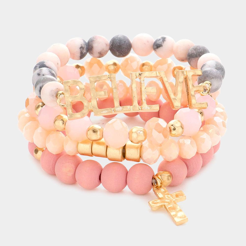 Pink 4PCS - Believe Message Cross Charm Semi Precious Wood Ball Faceted Beaded Stretch Bracelets