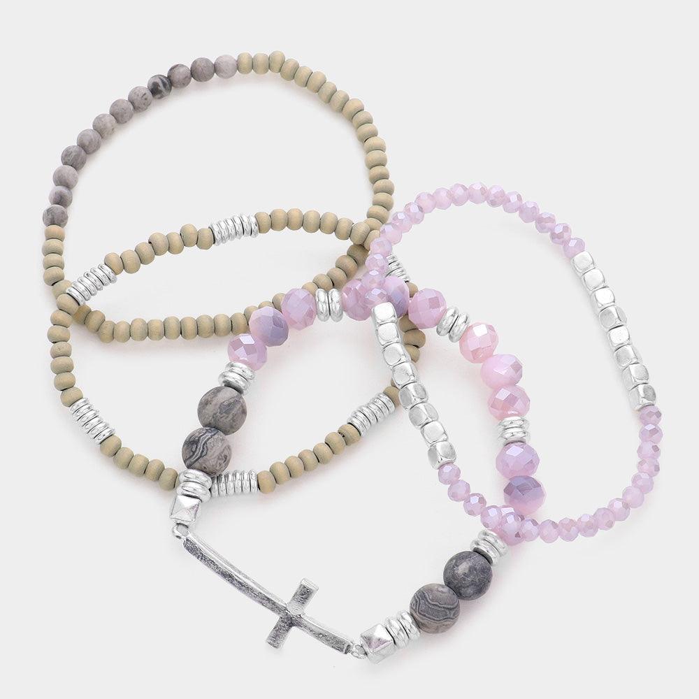 4PCS - Cross Charm Accented Wood Ball Faceted Beaded Stretch Bracelets - Jewelry Store by Erik Rayo