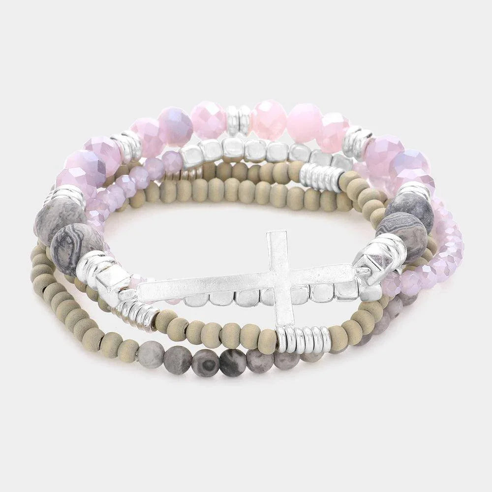 4PCS - Cross Charm Accented Wood Ball Faceted Beaded Stretch Bracelets - Jewelry Store by Erik Rayo