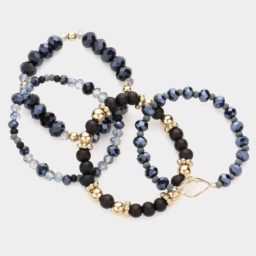 Black 4PCS Petal Accented Wood Ball Faceted Beaded Stretch Bracelets - Jewelry Store by Erik Rayo