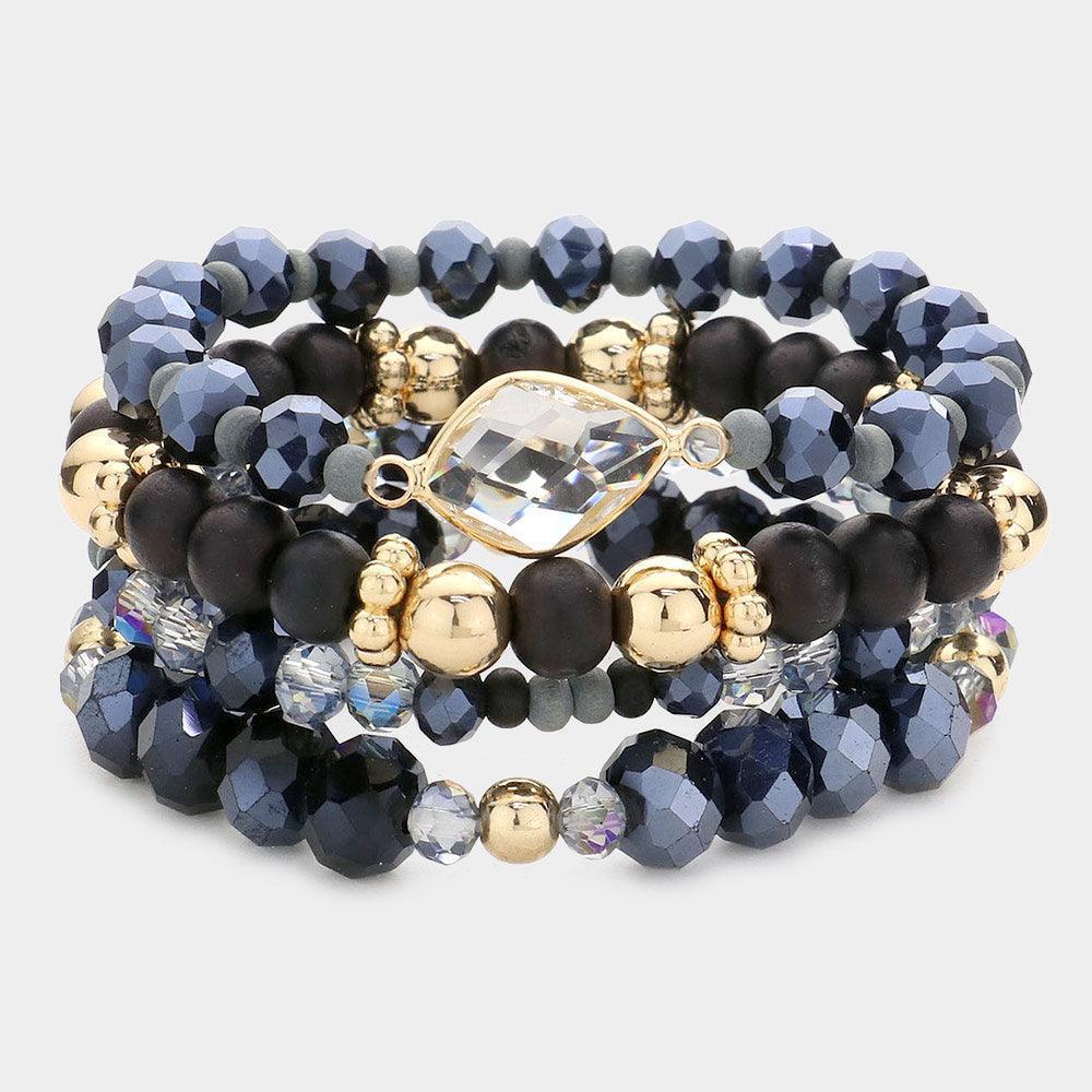 Black 4PCS Petal Accented Wood Ball Faceted Beaded Stretch Bracelets - Jewelry Store by Erik Rayo