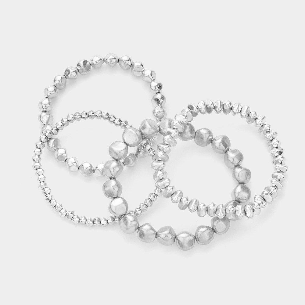 Silver 4PCS Irregular Metal Ball Multi Layered Stretch Bracelets - Jewelry Store by Erik Rayo