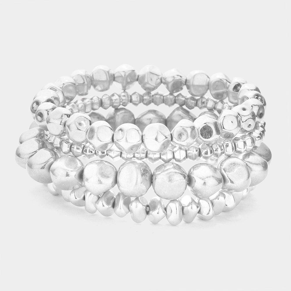 Silver 4PCS  Irregular Metal Ball Multi Layered Stretch Bracelets