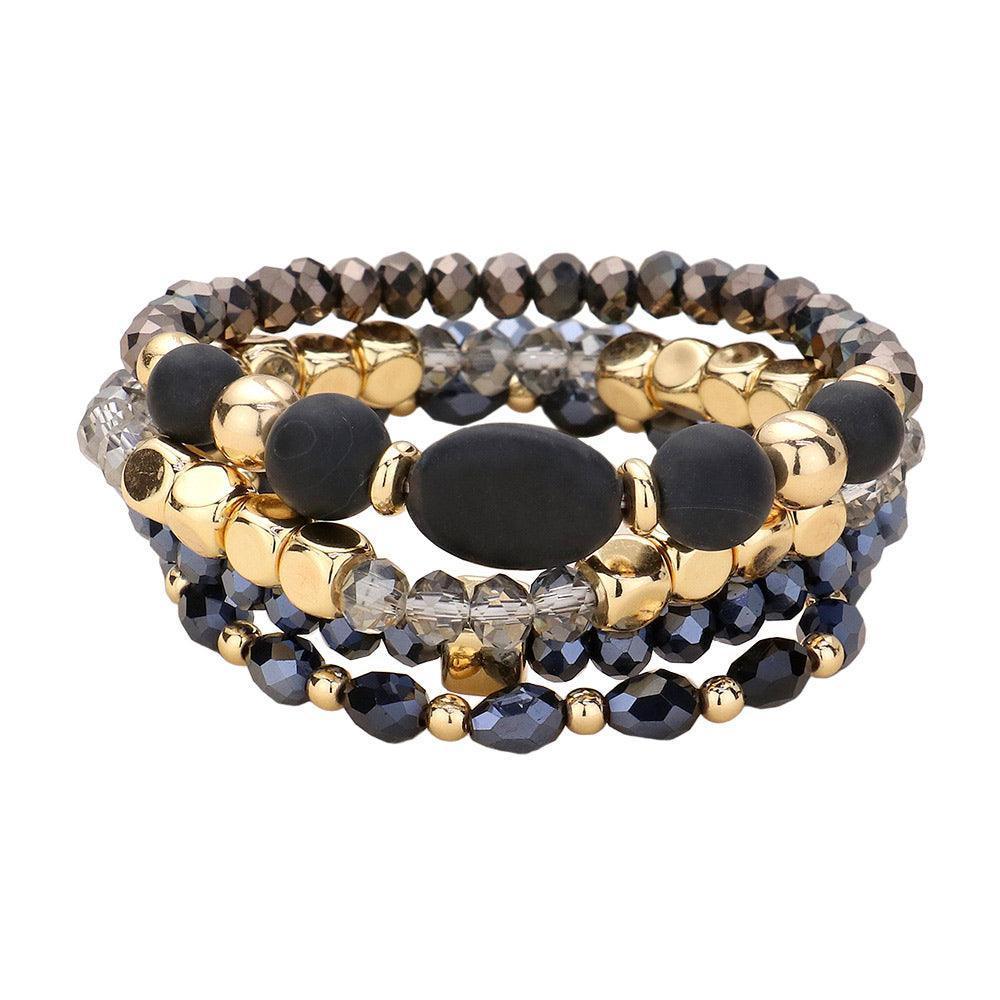 Black 4PCS Natural Stone Pointed Faceted Beads Metal Ball Beaded Stretch Multi Layered Bracelets - Jewelry Store by Erik Rayo