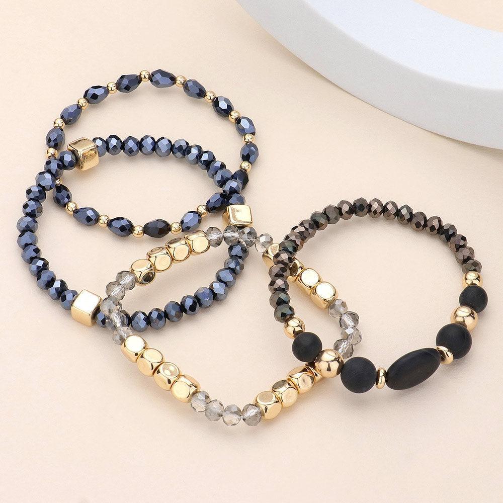 Black 4PCS Natural Stone Pointed Faceted Beads Metal Ball Beaded Stretch Multi Layered Bracelets - Jewelry Store by Erik Rayo