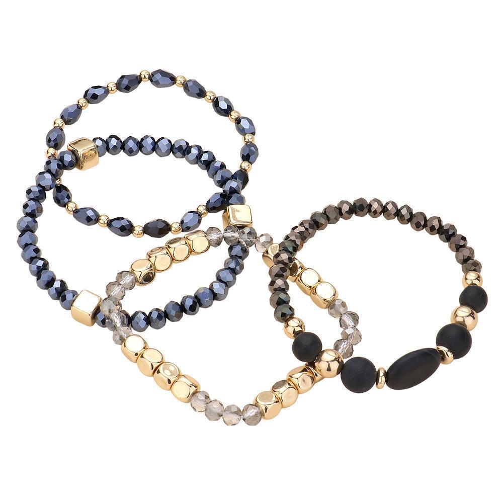Black 4PCS Natural Stone Pointed Faceted Beads Metal Ball Beaded Stretch Multi Layered Bracelets - Jewelry Store by Erik Rayo