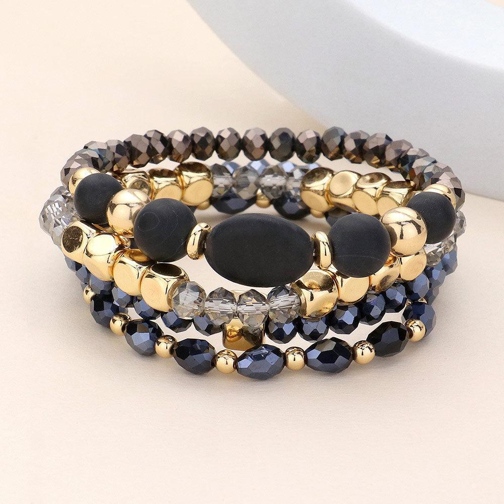 Black 4PCS Natural Stone Pointed Faceted Beads Metal Ball Beaded Stretch Multi Layered Bracelets - Jewelry Store by Erik Rayo
