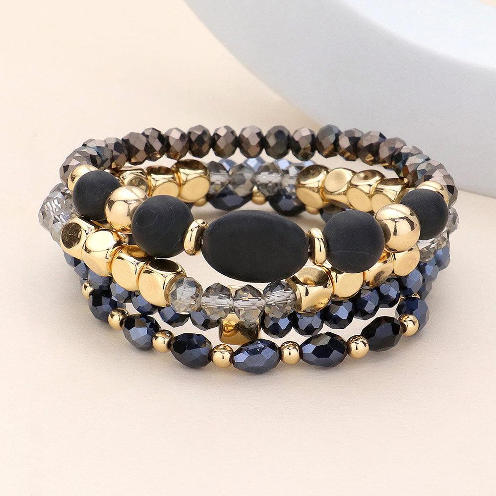 Black 4PCS  Natural Stone Pointed Faceted Beads Metal Ball Beaded Stretch Multi Layered Bracelets