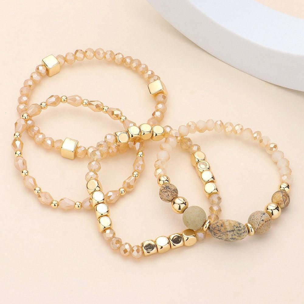 Brown 4PCS - Natural Stone Pointed Faceted Beads Metal Ball Beaded Stretch Multi Layered Bracelets - Jewelry Store by Erik Rayo