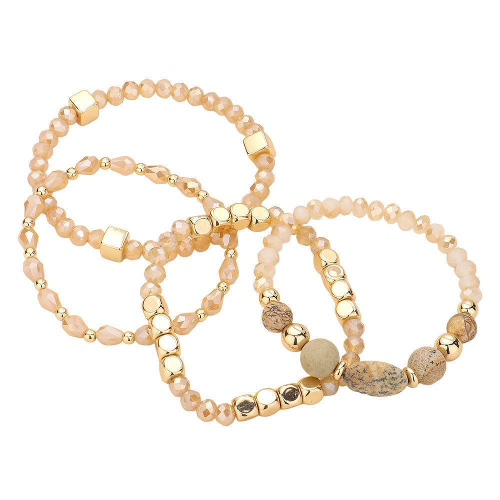 Brown 4PCS - Natural Stone Pointed Faceted Beads Metal Ball Beaded Stretch Multi Layered Bracelets - Jewelry Store by Erik Rayo