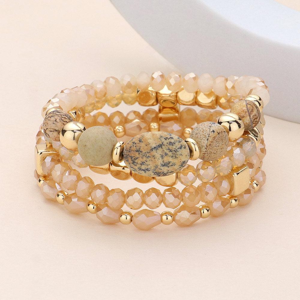 Brown 4PCS - Natural Stone Pointed Faceted Beads Metal Ball Beaded Stretch Multi Layered Bracelets - Jewelry Store by Erik Rayo