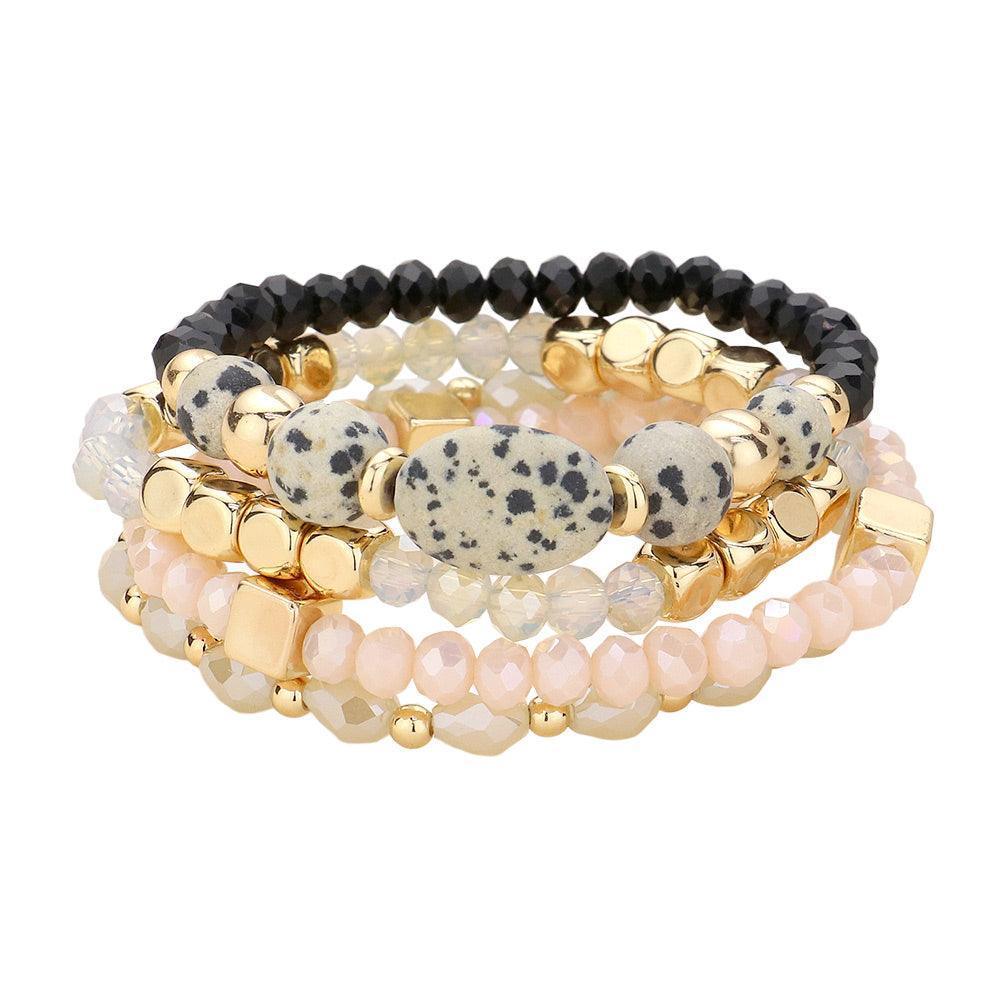 Black 4PCS Natural Stone Pointed Faceted Beads Metal Ball Beaded Stretch Multi Layered Bracelets - Jewelry Store by Erik Rayo