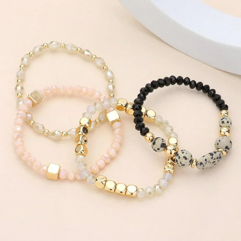 Black 4PCS Natural Stone Pointed Faceted Beads Metal Ball Beaded Stretch Multi Layered Bracelets - Jewelry Store by Erik Rayo
