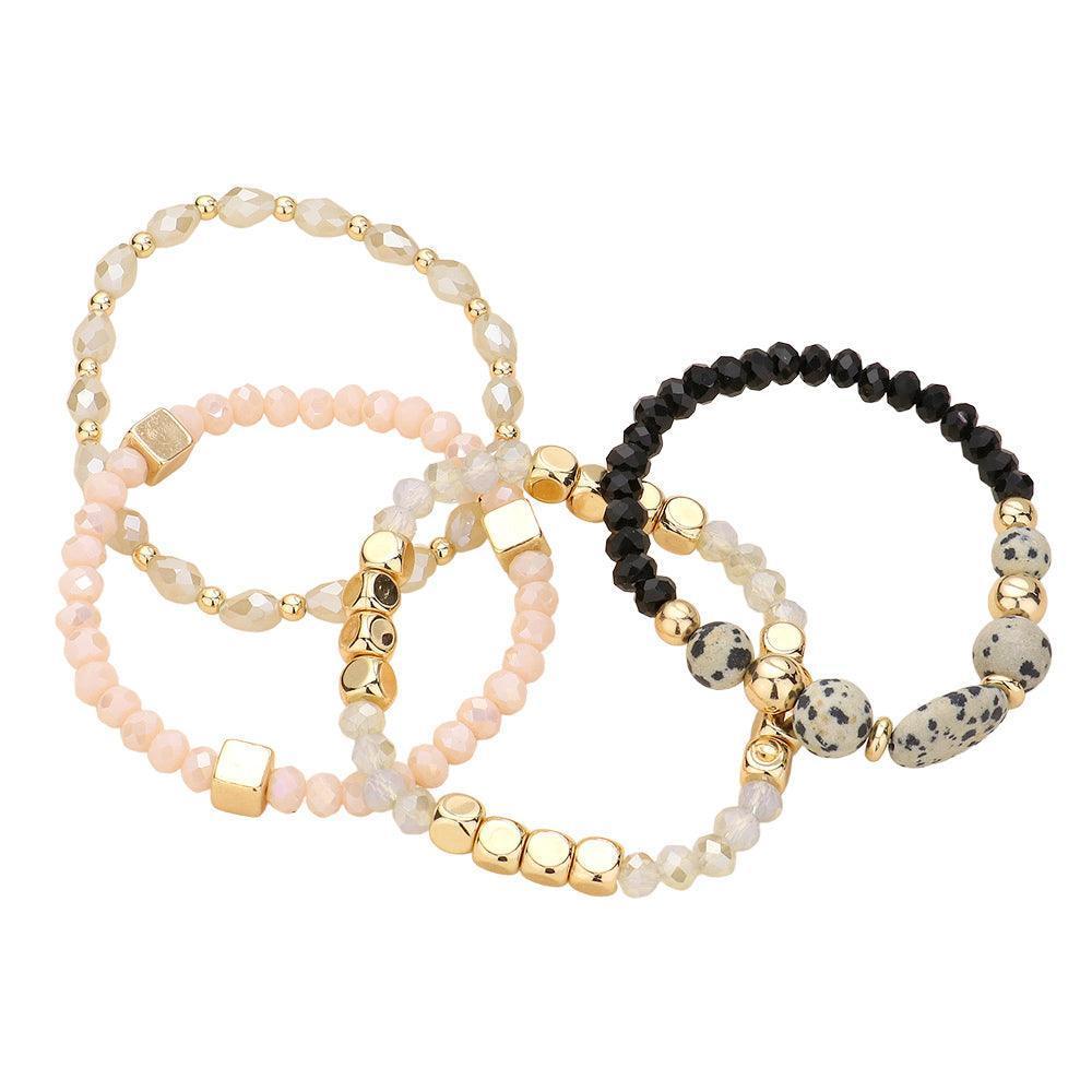 Black 4PCS Natural Stone Pointed Faceted Beads Metal Ball Beaded Stretch Multi Layered Bracelets - Jewelry Store by Erik Rayo